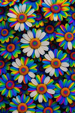 Rainbow-colored daisy field illustration