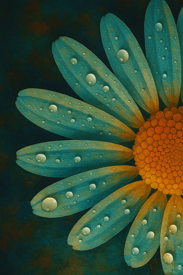 Lumière De Vie Parfum Extrait — teal and orange dew-covered daisy macro